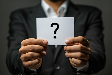 closeup hand of man in business suit holding a white card with a question mark on it
