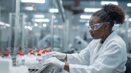 In a sophisticated factory, a Black pharmacist with sanitary gloves inspects vials on a conveyor belt, ensuring quality prescription drugs.