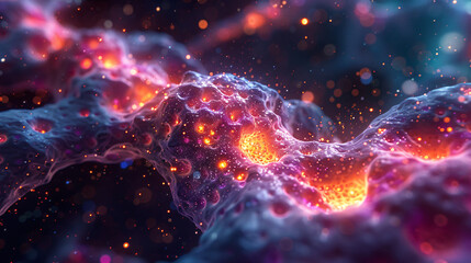 Glowing cellular pathways, like the endoplasmic reticulum, shimmer in a spectrum of colors within a 3D scene, highlighting the intricate transport networks within a cell.