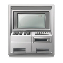 illustration of a vintage ATM machine with a monochrome screen and keypad.