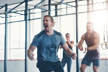 Fitness, people and shout to celebrate success in exercise class, workout and training goals....