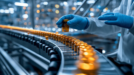 A pharmacist scientist in sanitary gloves examines medical vials on a conveyor belt in a pharmaceutical factory producing prescription drugs.