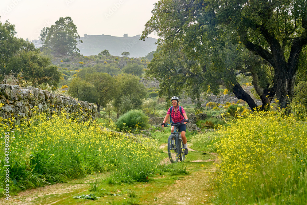 Wall mural active senior woman cycling with her electric mountain bike in the rough landscape of National Parc Serra de São Mamede near Marvao in central Portugal, Europe
