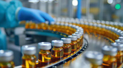 Obraz premium A pharmacist scientist in sanitary gloves monitors medical vials on a conveyor belt in a pharmaceutical factory, ensuring safe drug production.