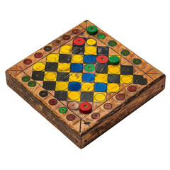 Vintage wooden board game with colorful pieces on a rustic checkered board, ideal for nostalgic and retro-themed collections.