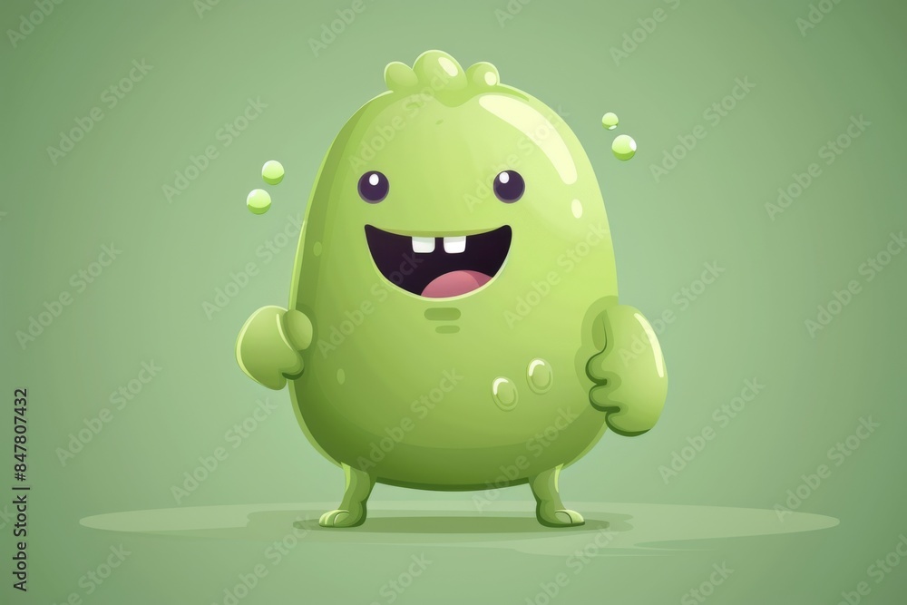 Poster cute and smiling green character on simple background with happy expression