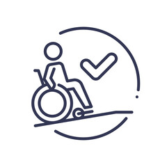 Icon of a person in a wheelchair on a ramp with a check mark.