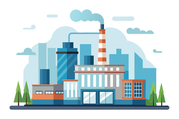 Obraz premium A factory, consisting of several buildings with various pipes and chimneys emitting smoke, against a background of mountains and a clear sky with few clouds.