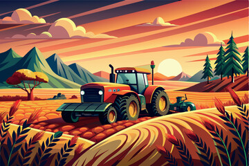 The foreground shows: a combine harvester and a tractor, both busy harvesting crops. The background consists of undulating hills, fields in different shades of orange and yellow