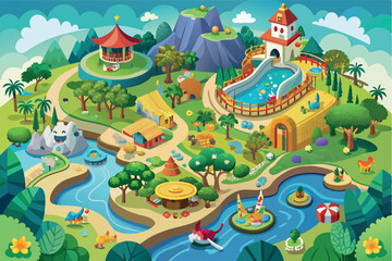  theme park or zoo. there are paths connecting the different areas and visitors enjoy the facilities. The park is surrounded by mountains and a body of water runs through the park.