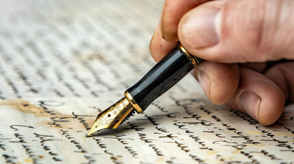 Fountain pen on an antique handwritten letter. Vintage nib pen and handwritten english cursive style font copperplate, spencerian. Old history background