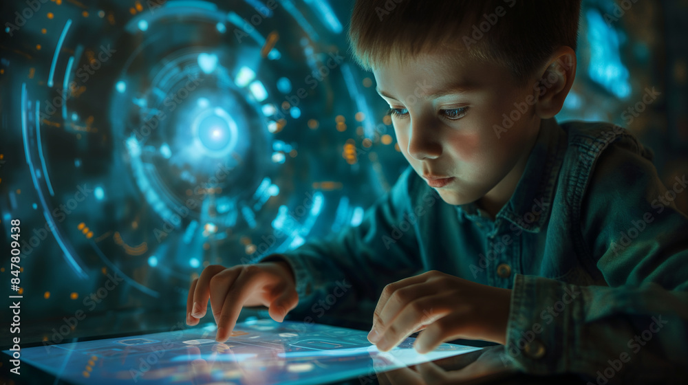 Poster a boy exploring interactive educational apps on a digital tablet, representing the future of learnin
