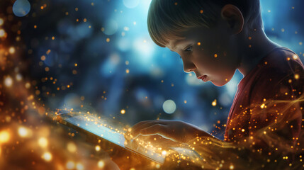 A young boy using a digital tablet, immersed in a virtual classroom, symbolizing future opportunities and education.