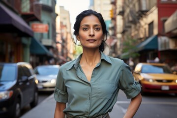 Fototapeta premium Portrait of a tender indian woman in her 40s sporting a breathable hiking shirt isolated on bustling city street background
