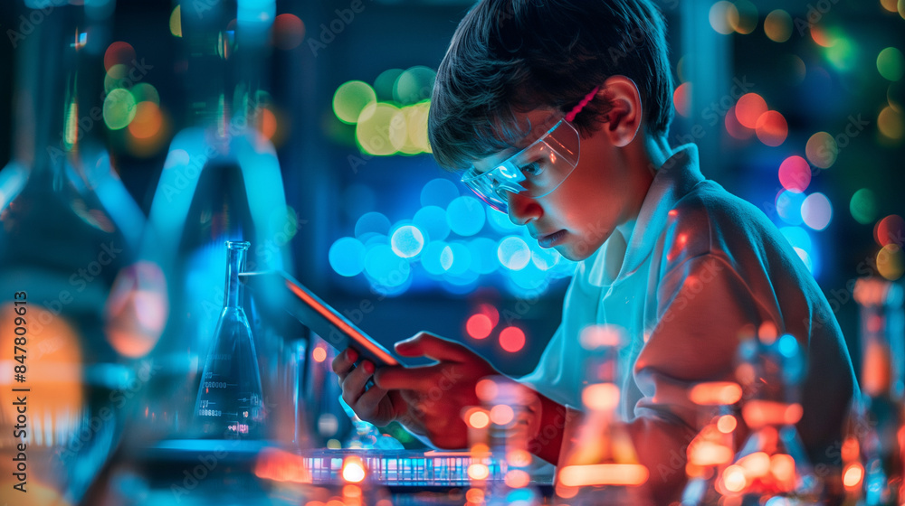 Aufkleber a boy using a tablet to explore virtual science experiments, embodying the future of interactive edu
