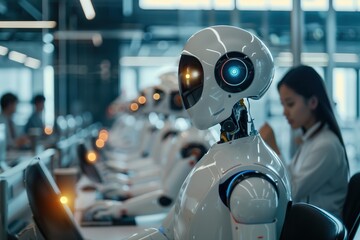 Futuristic Office With Robots and Human Workers