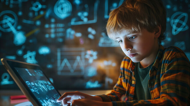 A boy learning math on a digital tablet, with interactive problems and future educational tools.