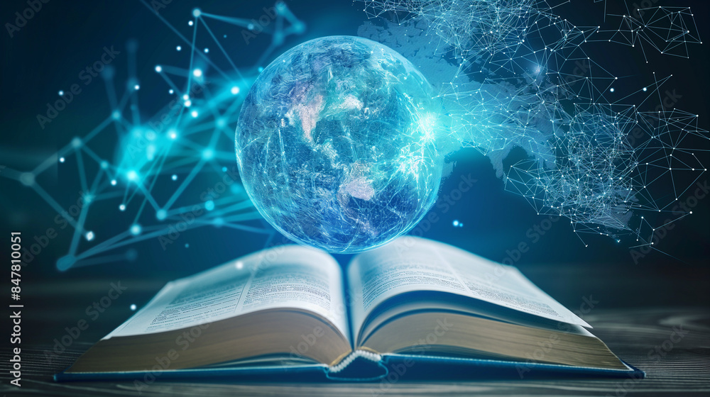 Poster an open book with a virtual reality planet map above it, depicting futuristic global education on a 