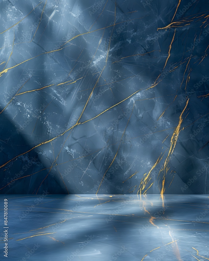 Poster an abstract blue marble background with golden veins, creating a luxurious and elegant atmosphere fo