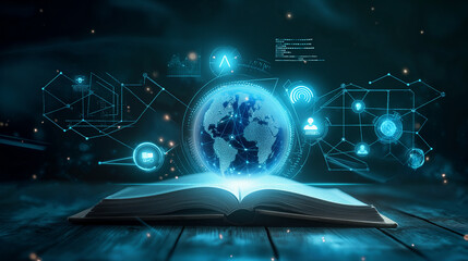 A futuristic open book with a digital planet map and educational icons, representing global learning, on a blue background.