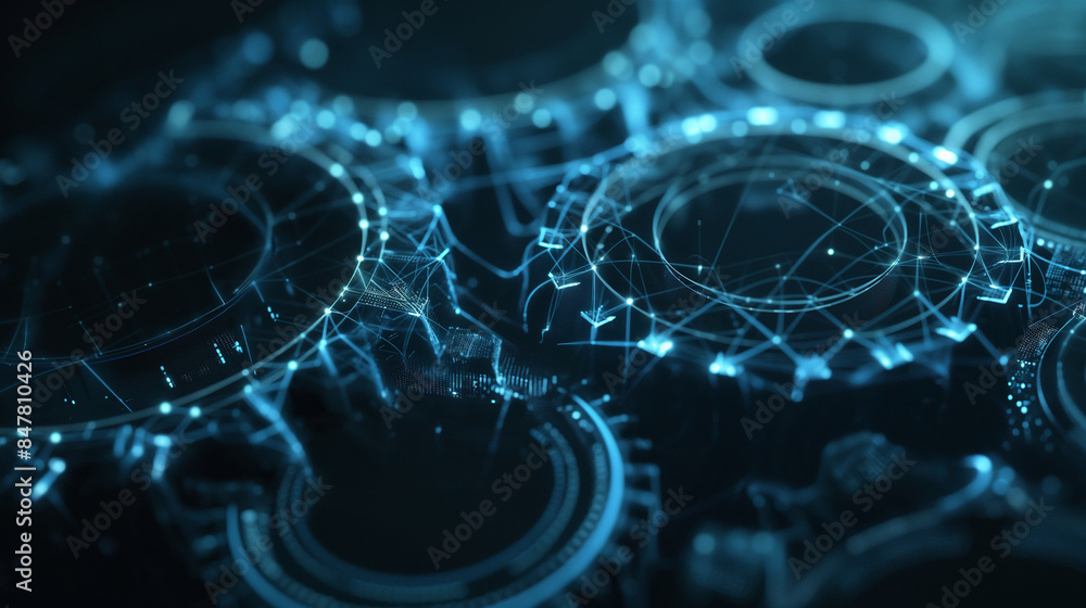 Poster a network of rotating wireframe gears, symbolizing the interconnectedness of digital technology.