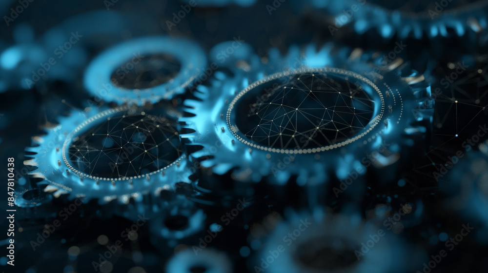 Poster a network of rotating wireframe gears, symbolizing the interconnectedness of digital technology.