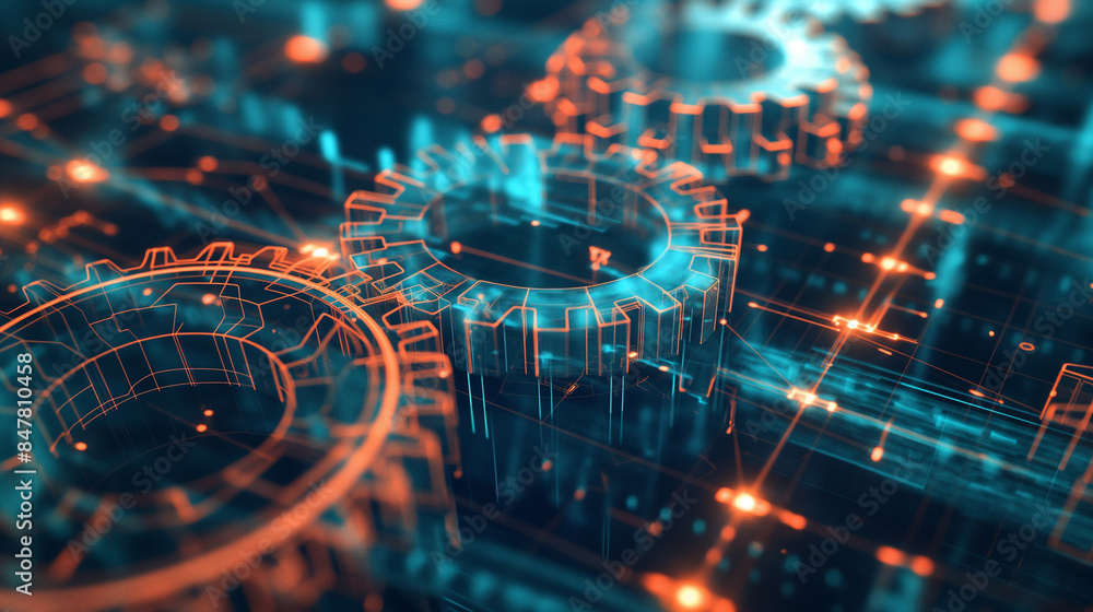 Poster rotating wireframe gears against a digital grid background, symbolizing the precision and efficiency