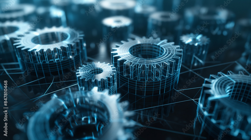 Poster a cluster of wireframe gears rotating seamlessly, representing the harmony and innovation of digital