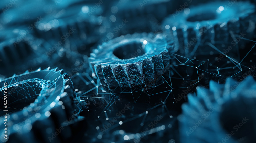 Poster a cluster of wireframe gears rotating seamlessly, representing the harmony and innovation of digital