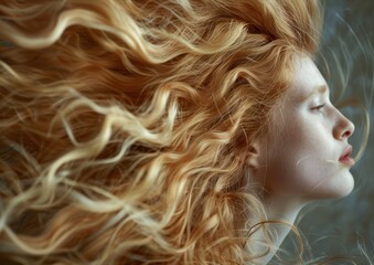 Naklejka premium A close-up of detailed curly blonde hair with the face out of focus highlights hair texture