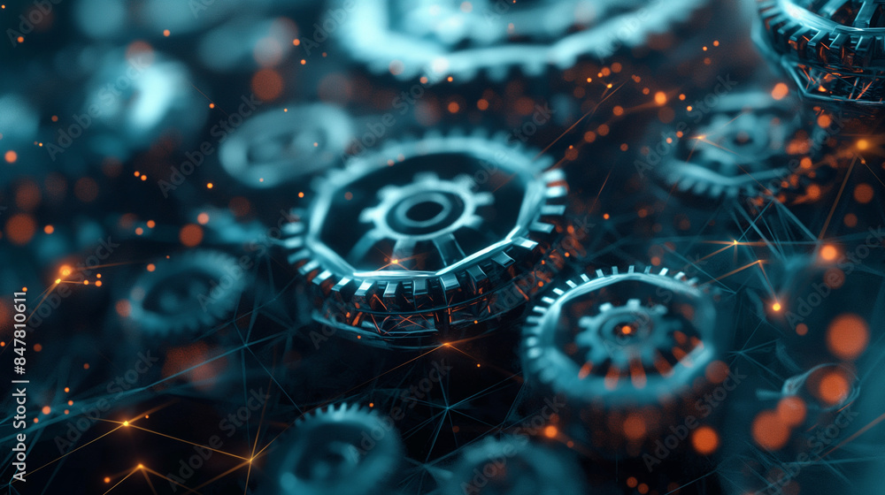 Poster wireframe gears spinning in perfect alignment, representing the precision and future of digital tech
