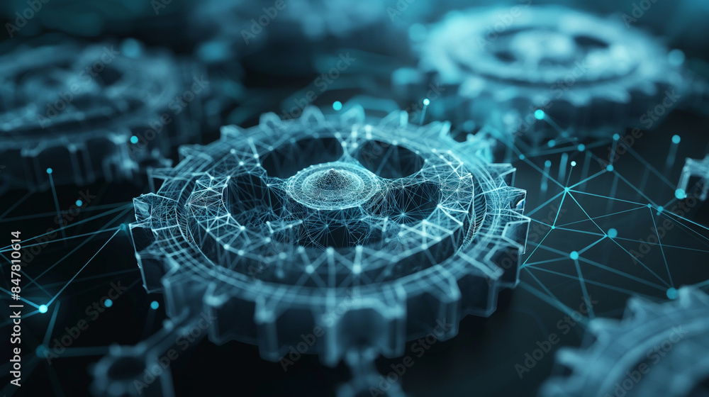 Poster futuristic gears in a wireframe design, rotating effortlessly to illustrate the advancement of digit