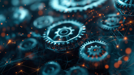 Wireframe gears spinning in perfect alignment, representing the precision and future of digital technology.