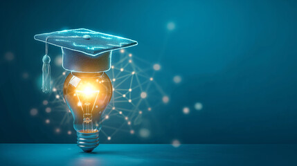 A futuristic smart education concept featuring a glowing bachelor cap and a bright light bulb on a blue background, symbolizing innovation in learning.