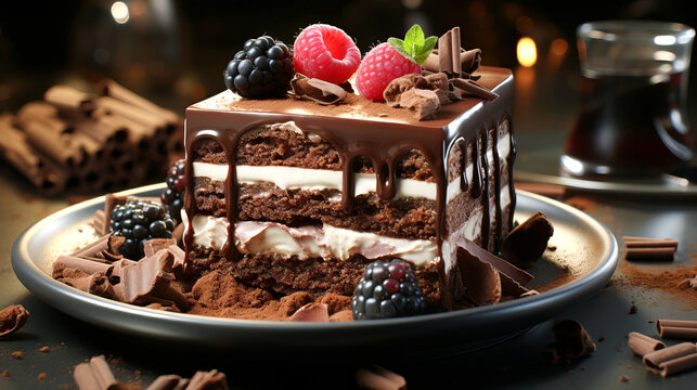Slice of delicious chocolate cake on the plate decorated with fresh berries.