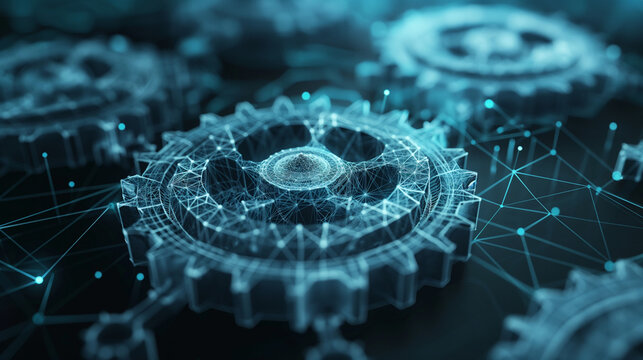 Futuristic gears in a wireframe design, rotating effortlessly to illustrate the advancement of digital technology.