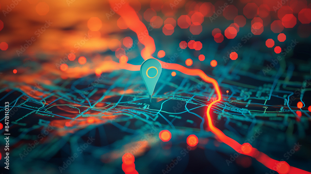 Poster vivid digital gps location on a map, featuring a bright pin and a distinct route path, showcasing na