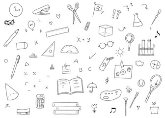 学校生活、勉強、文房具のイラストセット、手書きの線画