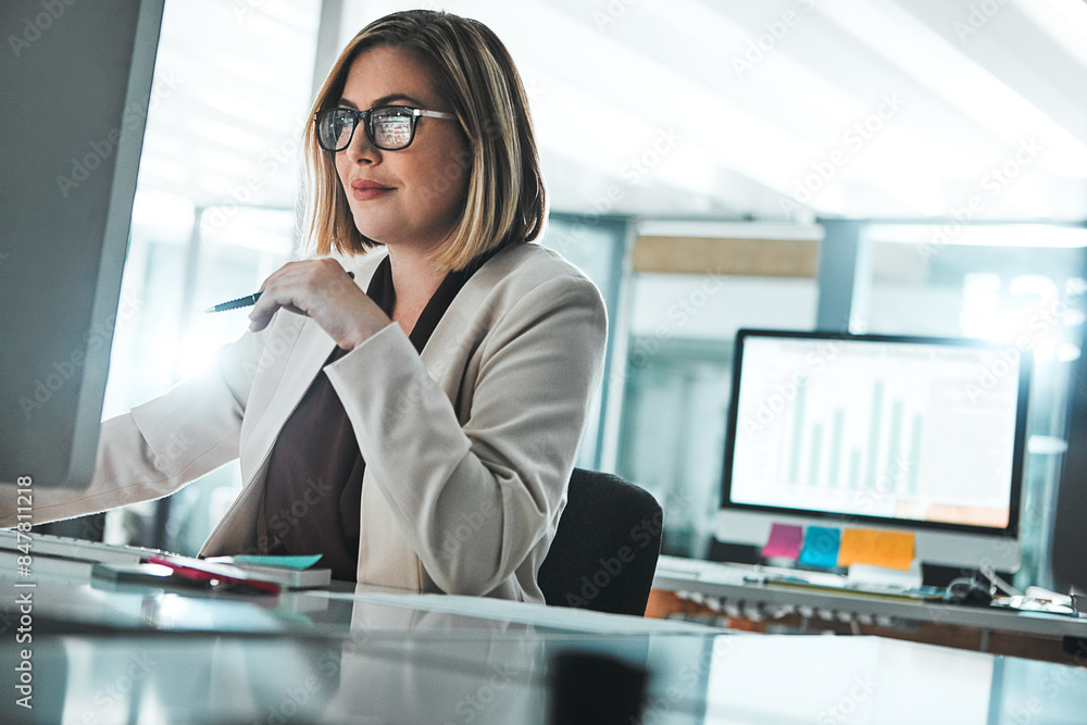 Poster Computer, data and business woman reading email, planning or research graph in office. Pc, financial analyst and internet for information, chart or working on erp statistics project analysis online