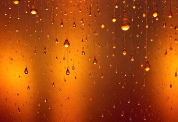 Raindrops flowing down a steamy orange window