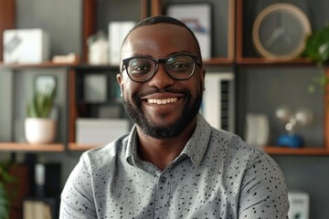 Fototapeta premium Happy young African American man posing for headshot at home office.
