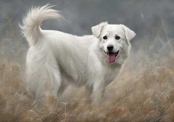 Majestic White Dog in Misty Meadow