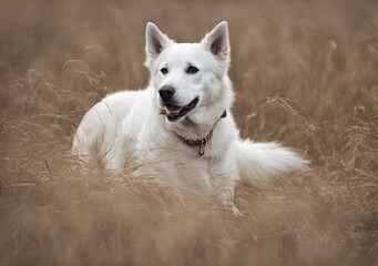 Obraz premium Relaxed White Dog Resting in the Tall Grass