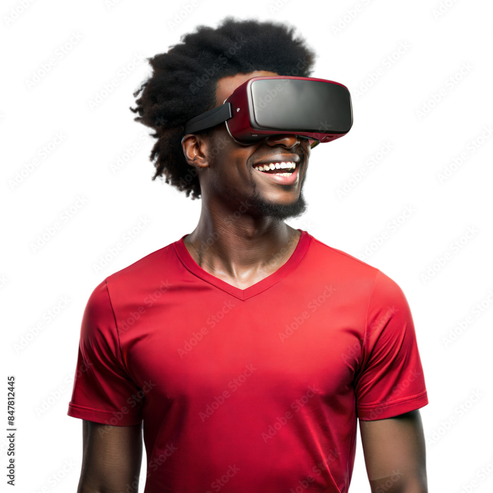 Poster man wearing virtual reality headset smiling on transparent background