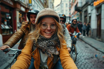 Fototapeta premium A smiling cyclist with eyeglasses takes a selfie, featuring group dynamics in an urban cycling setting