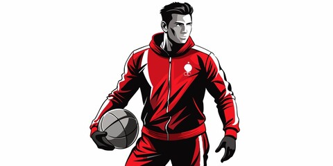 A man in a red jacket is holding a soccer ball