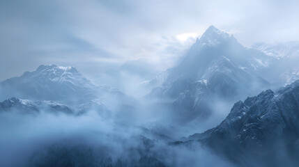 Fototapeta premium Mountains blanketed in fog, with the mist creating a mystical and ethereal scene, the quiet beauty of nature