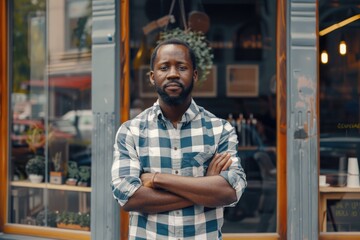 Black male business owner outside coffee shop.