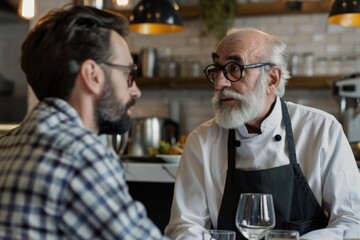 Chef and restaurant owner talking with financial advisor investor