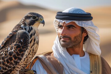 Intimate portrait of a man with a falcon, highlighting their connection in a desert